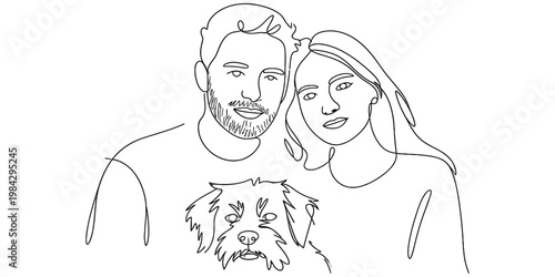 Continuous line drawing of a couple with their dog