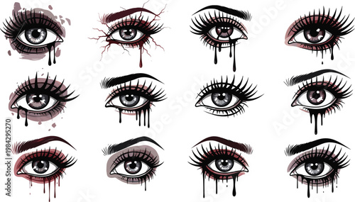 Gothic Horror Eye Collection with Dripping Ink Blood Splatter Dark Makeup and Melting Eyeliner Vector Illustration SetGothic Horror Eye Collection 