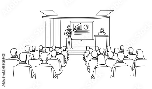 Business seminar presentation outline vector speaker with audience illustration