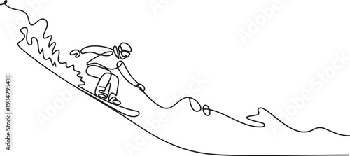 Continuous one line drawing of a person snowboarding down a hill, symbolizing adventure, speed, and excitement.one line drawing vector illustration