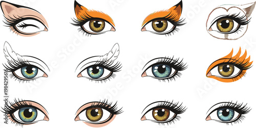 Fantasy Comic Style Eye Collection with Animal Wing Flame and Feather Artistic Makeup Design Vector Illustration SetFantasy Comic Style Eye Collection with Animal Wing Flame and Feather 
