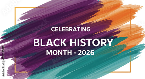 Abstract painting with purple, orange, turquoise brushstrokes within golden frame, celebrating Black History Month, for promotion event
