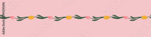 Seamless floral border with tulips. Vector color flower border. Good for postcards, covers, decoration and textile