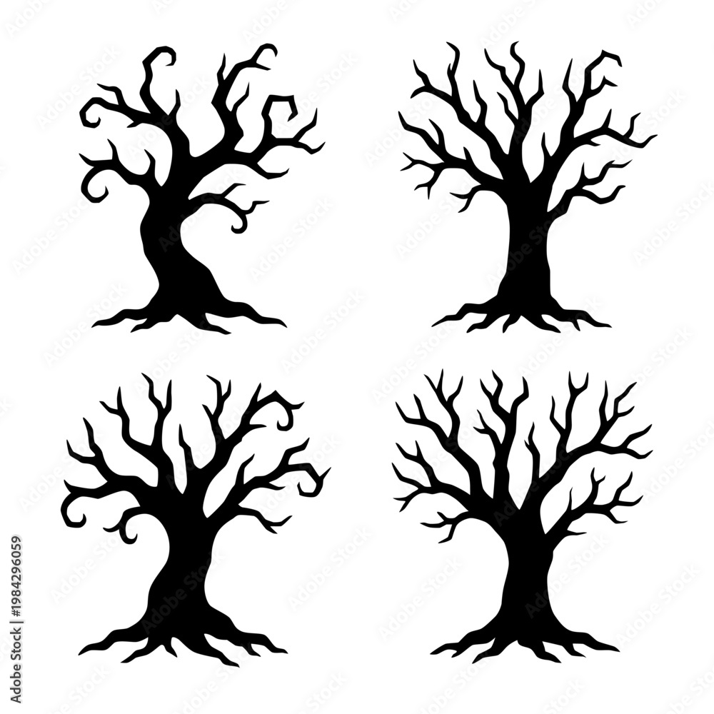 Fototapeta premium Four stark silhouettes of leafless trees, each uniquely twisted with gnarled branches and spreading roots.