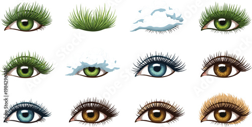 Creative Fantasy Nature Eye Collection with Grass Cloud Water and Earth Texture Surreal Concept Vector Illustration SetCreative Fantasy Nature Eye 