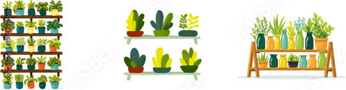 A flat vector illustration of a vertical herb garden with a mix of vibrant potted plants in various colors and terracotta pots, perfect for compact urban kitchens