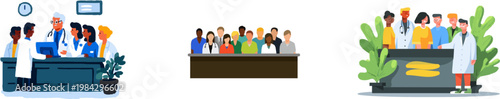 In a flat vector illustration of an inclusive generic medical clinic interior, diverse staff members gather around the receptionist counter in muted teal and grey tones, engaging in collaborative work