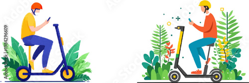 A person in casual attire uses their smartphone while riding an electric scooter amidst lush greenery, symbolizing urban mobility innovation