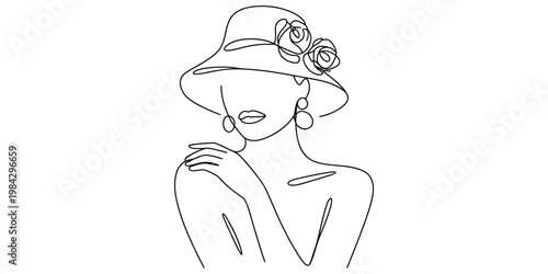 Continuous line drawing of a woman wearing a hat with flowers