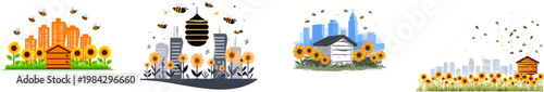 A rooftop beehive amidst a modern cityscape is bustling with bees and sunflowers, symbolizing urban biodiversity