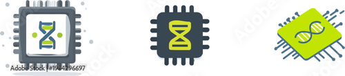 A minimalist 2D art piece depicts a neon green DNA digital storage icon within a generic computer chip, representing bio-tech innovation with a sleek charcoal design