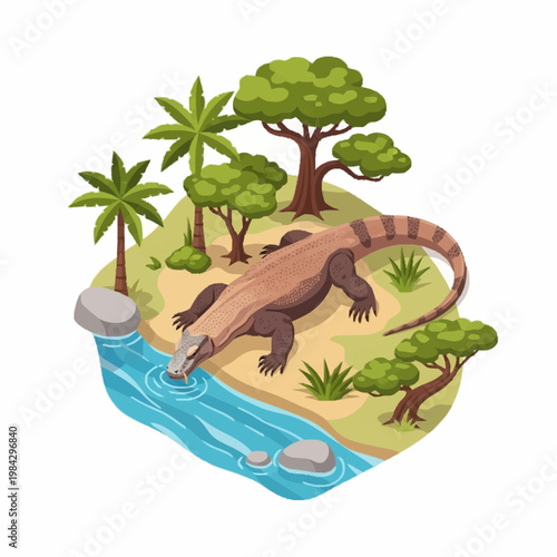 Detailed isometric vector illustration of a Komodo dragon lizard drinking water from a blue stream on a tropical island habitat with palm trees, sandy banks, and lush green foliage.