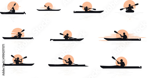 Kayaking and Canoeing Silhouette Collection with Paddler Sunset Scene Water Sport Vector Illustration Set for Outdoor AdventureKayaking and Canoeing Silhouette Collection with Paddler Sunset 