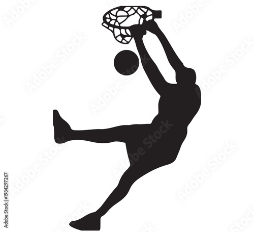 Silhouette of a basketball player performing a slam dunk in a dynamic pose with the ball going through the net