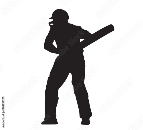 Cricket player silhouette batting in a game of cricket. Sports player focused on hitting the ball. Isolated illustration