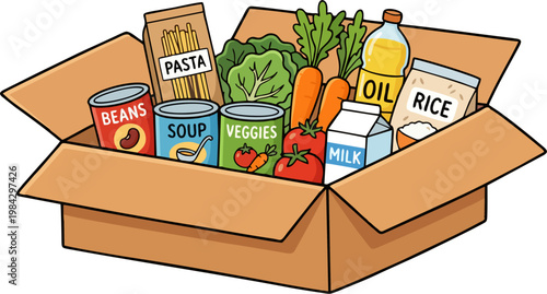 Food Donation Box with Groceries, Canned Goods, and Fresh Vegetables Illustration