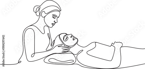 Continuous one line of a beauty therapist applying a face mask to a client, symbolizing spa treatments.one line drawing vector illustration