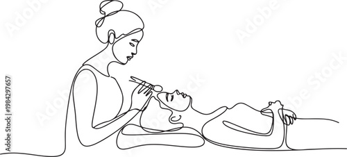 Continuous one line of a beauty therapist applying a face mask to a client, symbolizing spa treatments.one line drawing vector illustration