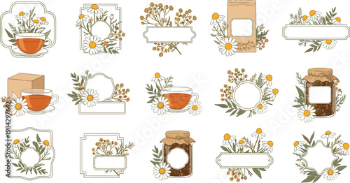 Chamomile Tea Label and Frame Collection with Flowers Tea Cup Honey Jar Herbal Packaging Vintage Vector Illustration SetChamomile Tea Label 