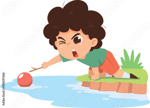 Child Picking Ball Near Water Danger Cartoon Illustration Kids Safety Risk Concept