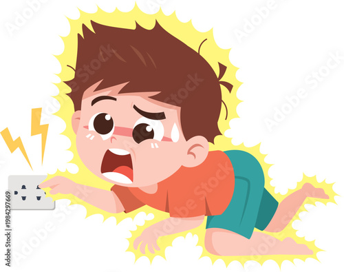 Child Electric Shock from Socket Cartoon Illustration Electricity Danger Safety Concept