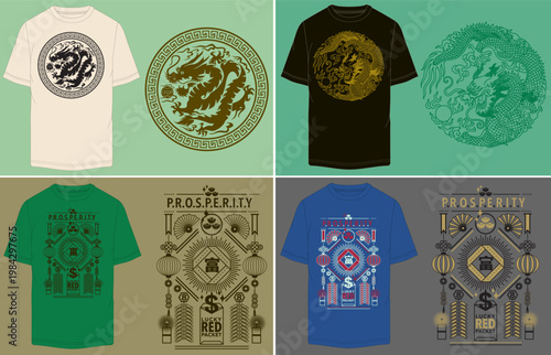 Chinese New Year dragon t-shirt designs, prosperity and red envelope vector graphics, traditional lunar festival apparel mockups