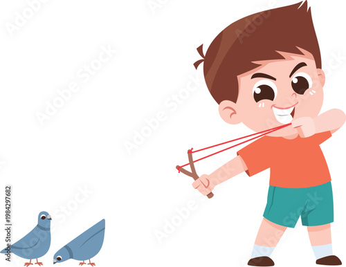 Child Using Slingshot at Birds Cartoon Illustration Unsafe Behavior Kids Danger Concept