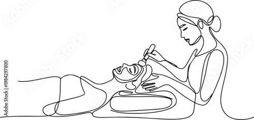 Continuous one line of a beauty therapist applying a face mask to a client, symbolizing spa treatments.one line drawing vector illustration
