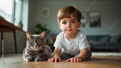 Young boy playing on the floor beside a gray cat indoors  