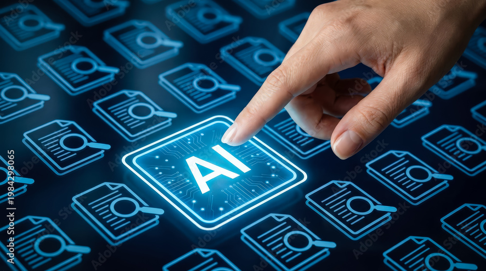 Fototapeta premium Human Hand Selecting Artificial Intelligence Icon for Automated Digital Data Analysis