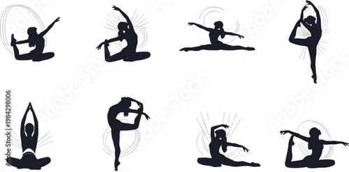 Elegant Female Gymnast and Yoga Silhouette Collection with Flexibility and Balance Poses Vector Illustration Set for FitnessElegant Female Gymnast and Yoga Silhouette Collection with Flexibility and 