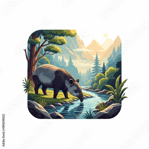 Digital illustration of a tapir drinking water from a river stream in a lush forest landscape with mountains, pine trees, and rocks, depicted in a stylized graphic art style.