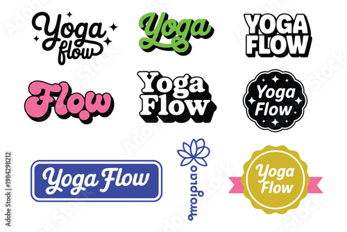 yoga flow logo collection with different typography styles and colors, illustrating balance, flexibility and wellness brand identity concepts.