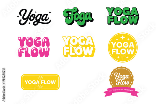 yoga flow logo collection with different typography styles and colors, illustrating balance, flexibility and wellness brand identity concepts.