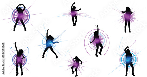 Dynamic Dancer and Musician Silhouette Collection with Neon Glow Light Burst Effect Music Party Vector Illustration SetDynamic Dancer and Musician Silhouette Collection with Neon Glow Light Burst 