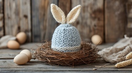 A crocheted bunny hat sits in a nest surrounded by eggs on a wooden table