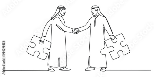 Continuous line drawing of two arab businessmen shaking hands