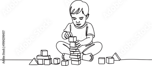 Continuous one line of a child building with wooden blocks, representing creative problem-solving in homeschooling.one line drawing vector illustration