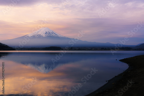 Mount Fuji reflected on Lake.