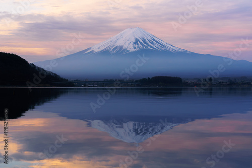 Mount Fuji reflected on Lake.