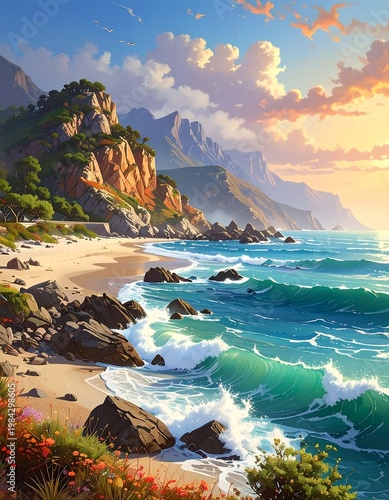 A serene coastal landscape with a sandy beach