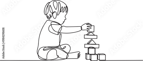Continuous one line of a child building with wooden blocks, representing creative problem-solving in homeschooling.one line drawing vector illustration