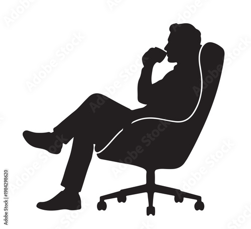 Silhouette of a person relaxing in an office chair, contemplating and enjoying a cup of coffee, representing break time and reflection