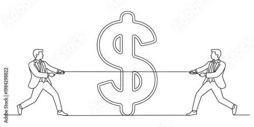 Continuous line drawing of two businessmen pulling a dollar sign