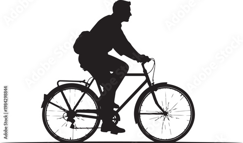 Black silhouette of man riding bicycle, bike rider icon, cycling illustration, vector graphics