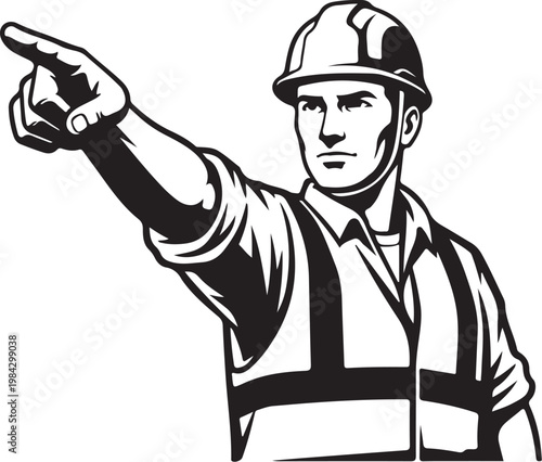 construction worker, laborer, pointing man, hard hat, black and white vector