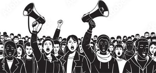 Protest crowd illustration, black and white vector, people holding megaphones, demonstration, activism