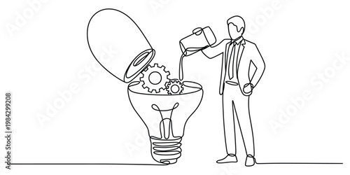 Continuous line drawing of businessman pouring idea into pill