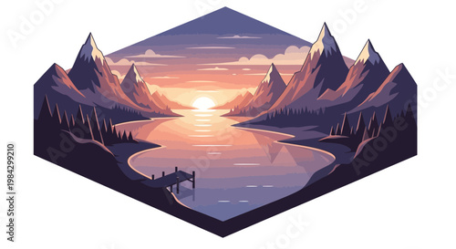Tranquil landscape scene with mountains lake and sunset in a geometric design