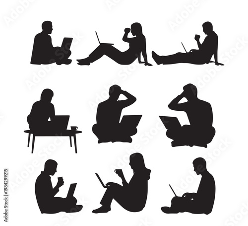 Silhouette illustrations of people using laptops in various casual poses, representing remote work, study, and digital communication